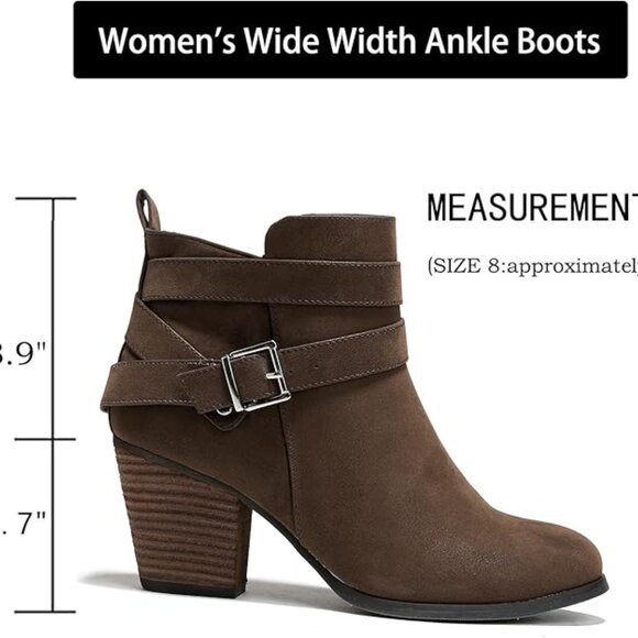 Women's Wide Width Ankle Boots, Extra Wide Mid Heel Side Zipper Booties Brown - Picture 3 of 5